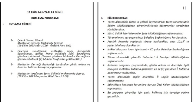 19 Ekim Muhtarlar Günü kutlama programı