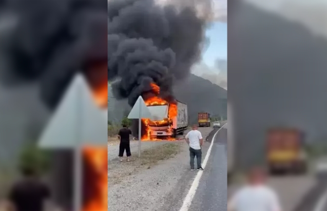 Seyir halindeki tır alev alev yandı...