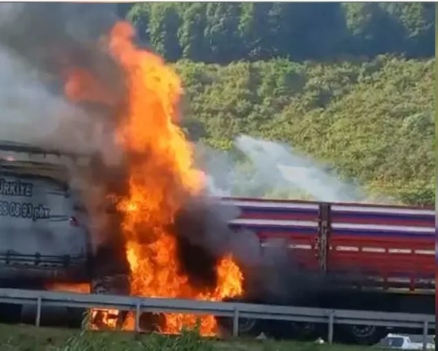 Kaza yaptı... LPG deposu yüklü TIR yandı...